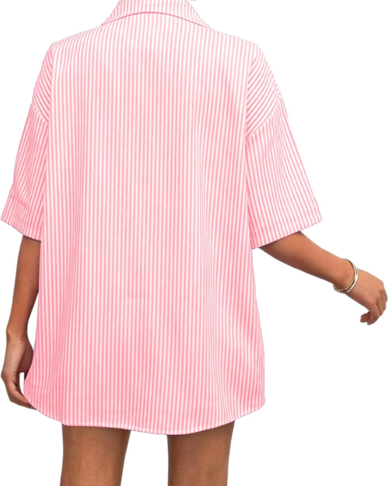 Ava Women's Striped Two-Piece Set – Short Sleeve Shirt & Drawstring Shorts Outfit