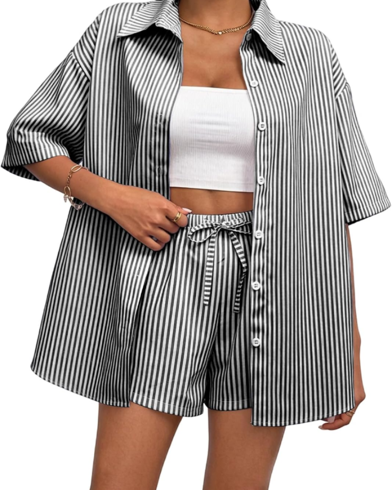 Ava Women's Striped Two-Piece Set – Short Sleeve Shirt & Drawstring Shorts Outfit