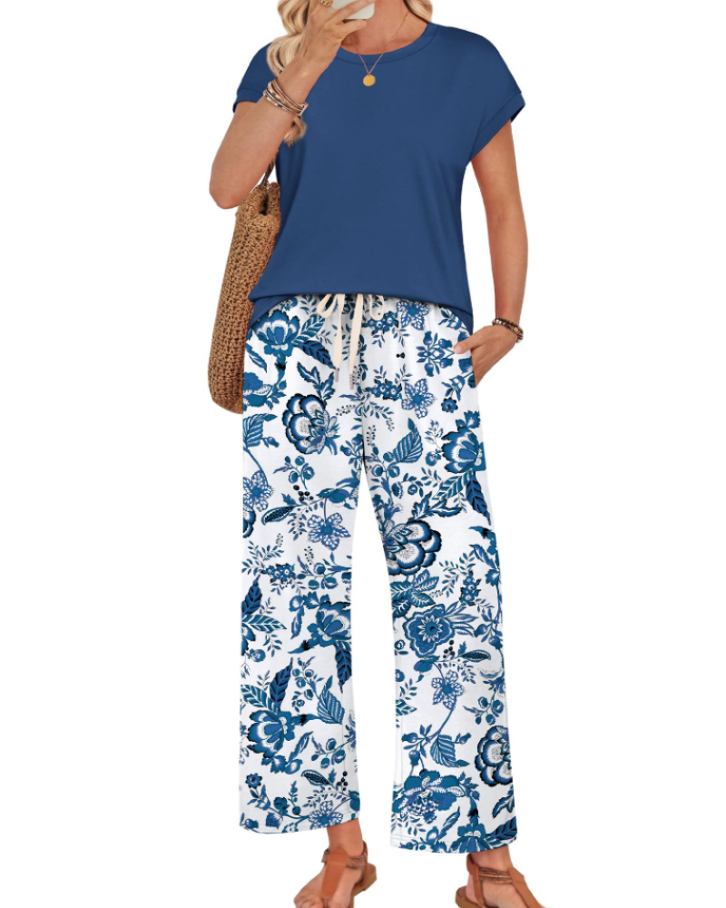 Avery Women's Lounge Set – Cap Sleeve Top & Wide Leg Pants 2-Piece Outfit