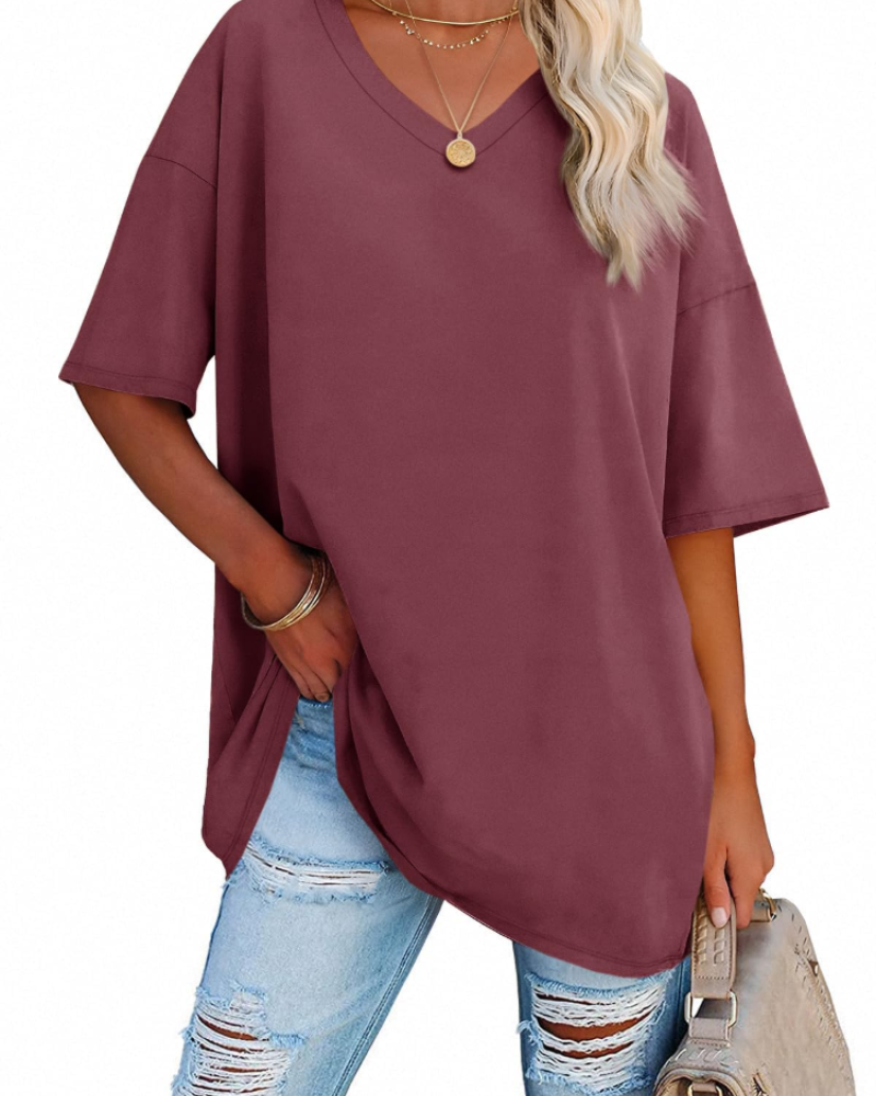 Chloe Women's Oversized V-Neck T-Shirt – Casual Loose Fit Cotton Blend Summer Top