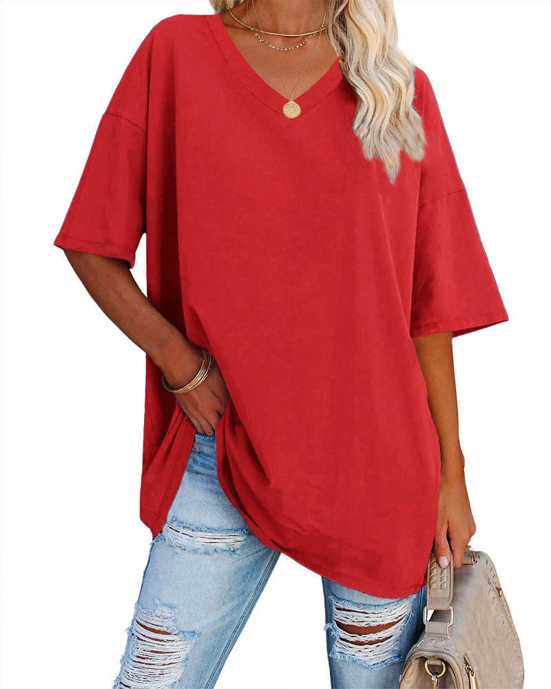 Chloe Women's Oversized V-Neck T-Shirt – Casual Loose Fit Cotton Blend Summer Top
