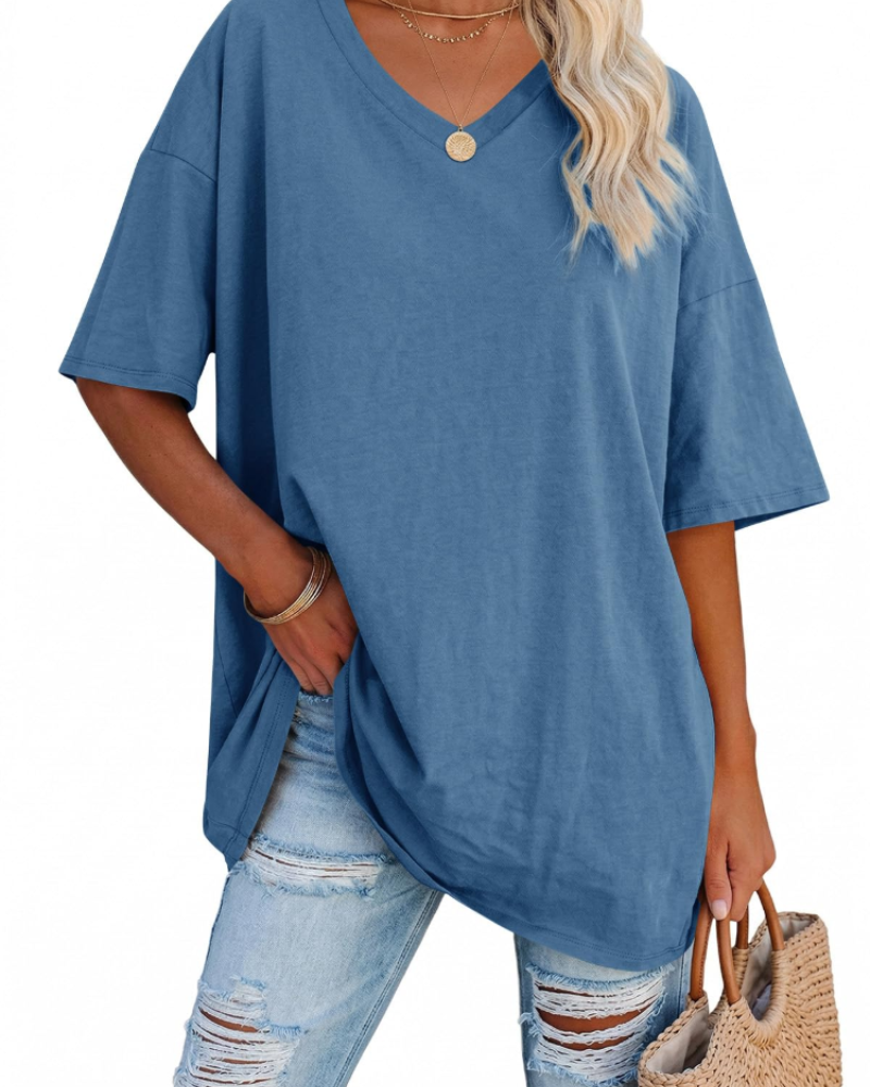 Chloe Women's Oversized V-Neck T-Shirt – Casual Loose Fit Cotton Blend Summer Top