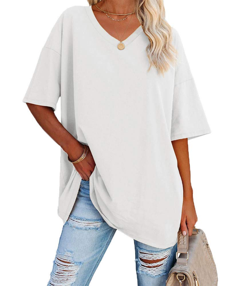 Chloe Women's Oversized V-Neck T-Shirt – Casual Loose Fit Cotton Blend Summer Top