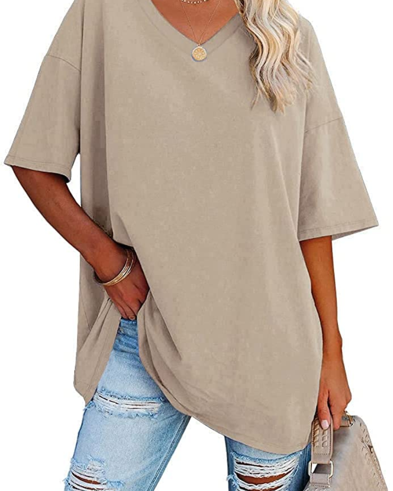 Chloe Women's Oversized V-Neck T-Shirt – Casual Loose Fit Cotton Blend Summer Top