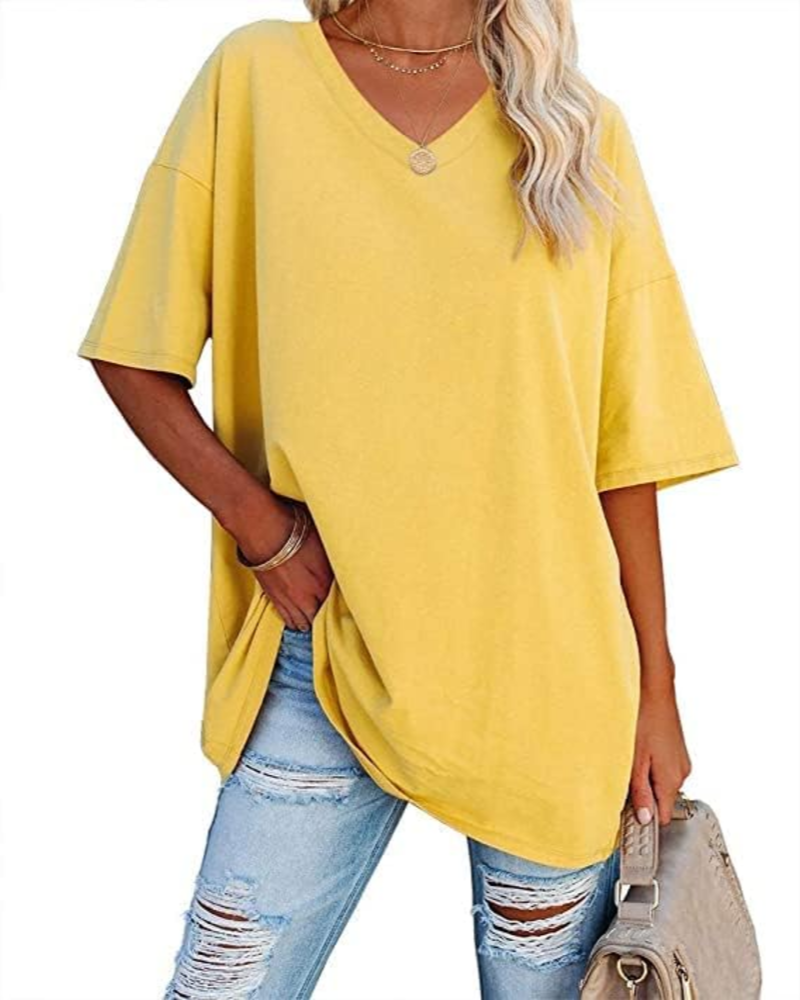 Chloe Women's Oversized V-Neck T-Shirt – Casual Loose Fit Cotton Blend Summer Top