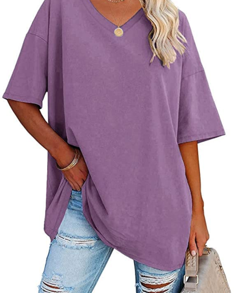 Chloe Women's Oversized V-Neck T-Shirt – Casual Loose Fit Cotton Blend Summer Top