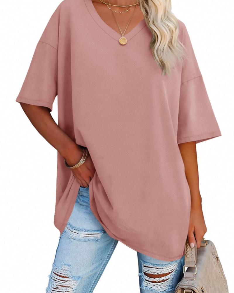 Chloe Women's Oversized V-Neck T-Shirt – Casual Loose Fit Cotton Blend Summer Top
