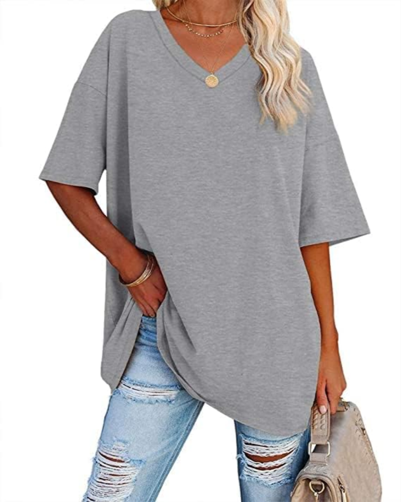 Chloe Women's Oversized V-Neck T-Shirt – Casual Loose Fit Cotton Blend Summer Top