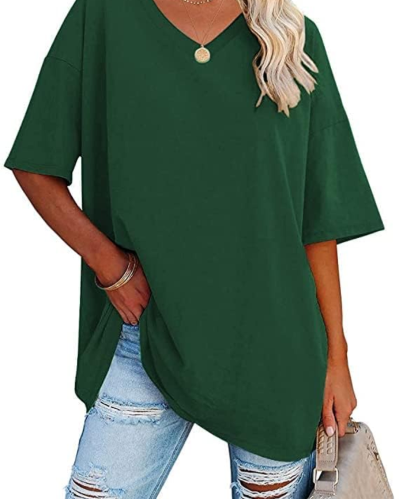 Chloe Women's Oversized V-Neck T-Shirt – Casual Loose Fit Cotton Blend Summer Top