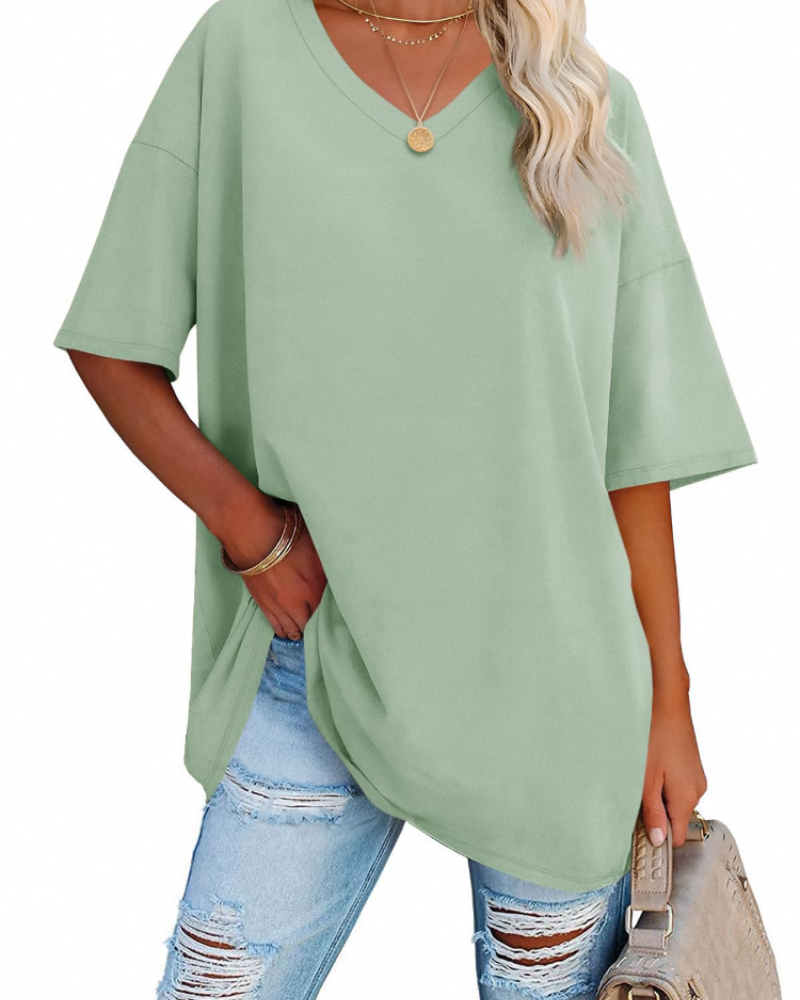 Chloe Women's Oversized V-Neck T-Shirt – Casual Loose Fit Cotton Blend Summer Top
