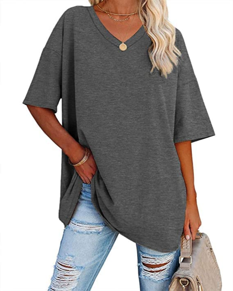 Chloe Women's Oversized V-Neck T-Shirt – Casual Loose Fit Cotton Blend Summer Top