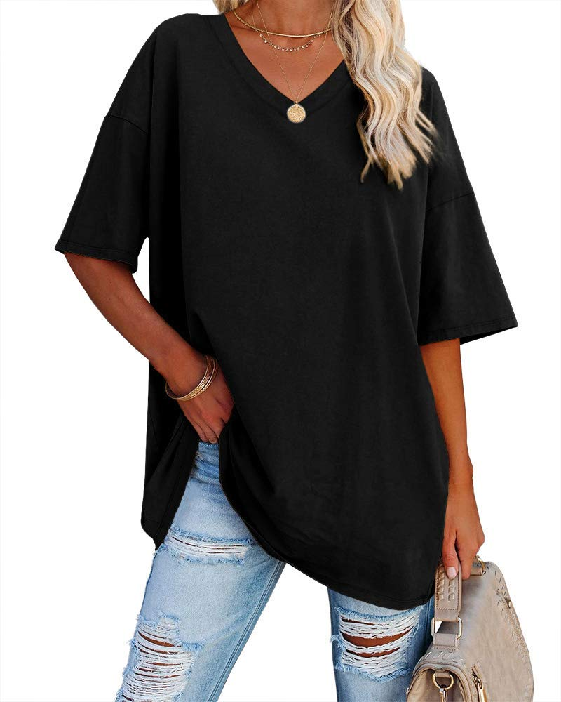 Chloe Women's Oversized V-Neck T-Shirt – Casual Loose Fit Cotton Blend Summer Top