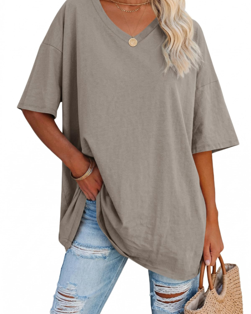 Chloe Women's Oversized V-Neck T-Shirt – Casual Loose Fit Cotton Blend Summer Top
