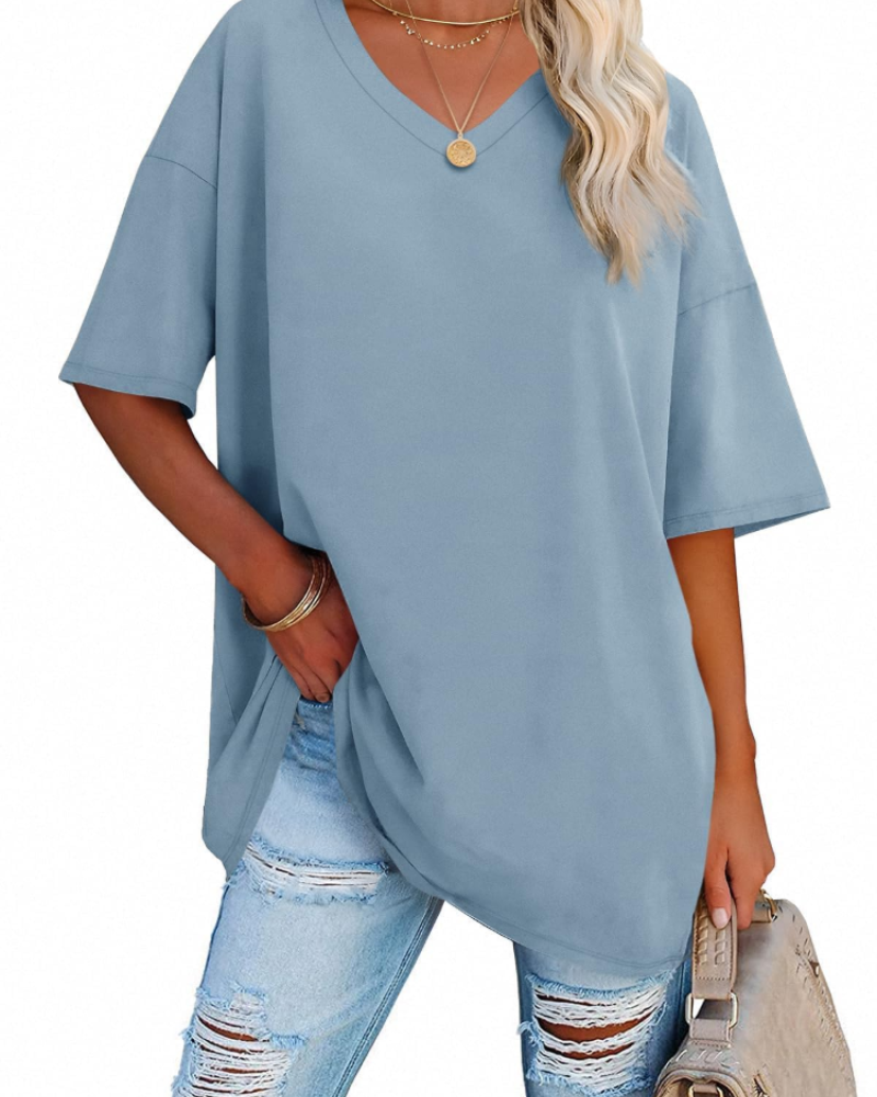 Chloe Women's Oversized V-Neck T-Shirt – Casual Loose Fit Cotton Blend Summer Top