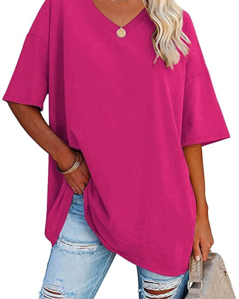 Chloe Women's Oversized V-Neck T-Shirt – Casual Loose Fit Cotton Blend Summer Top