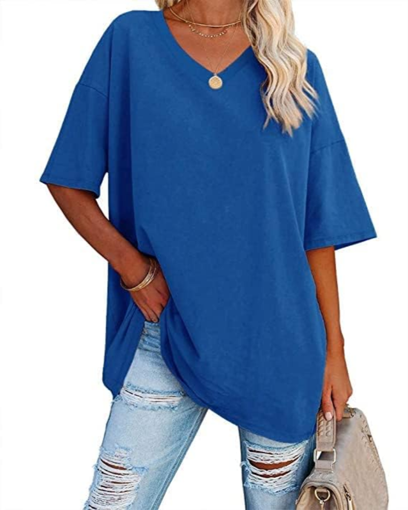 Chloe Women's Oversized V-Neck T-Shirt – Casual Loose Fit Cotton Blend Summer Top