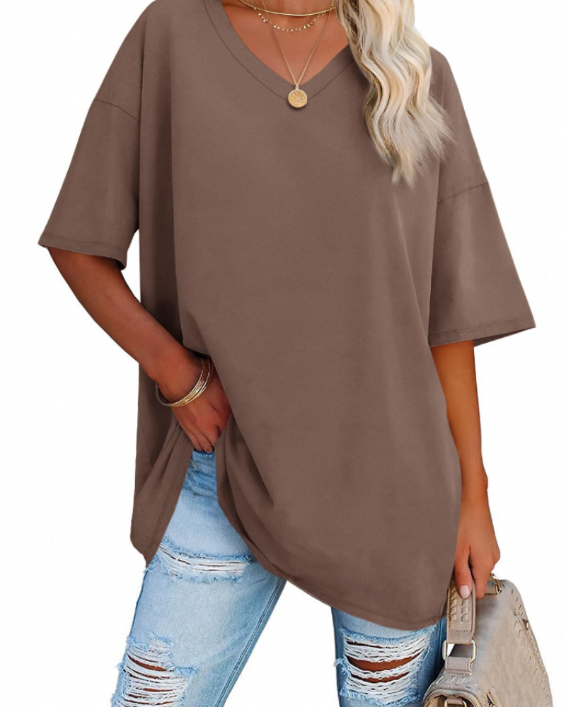Chloe Women's Oversized V-Neck T-Shirt – Casual Loose Fit Cotton Blend Summer Top