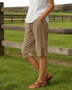 Sophie Women's Linen Capri Shorts – High Waist Drawstring Knee Length with Pockets