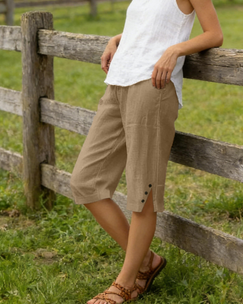 Sophie Women's Linen Capri Shorts – High Waist Drawstring Knee Length with Pockets