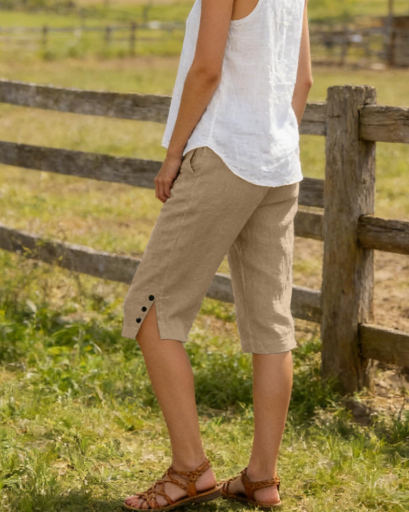 Sophie Women's Linen Capri Shorts – High Waist Drawstring Knee Length with Pockets