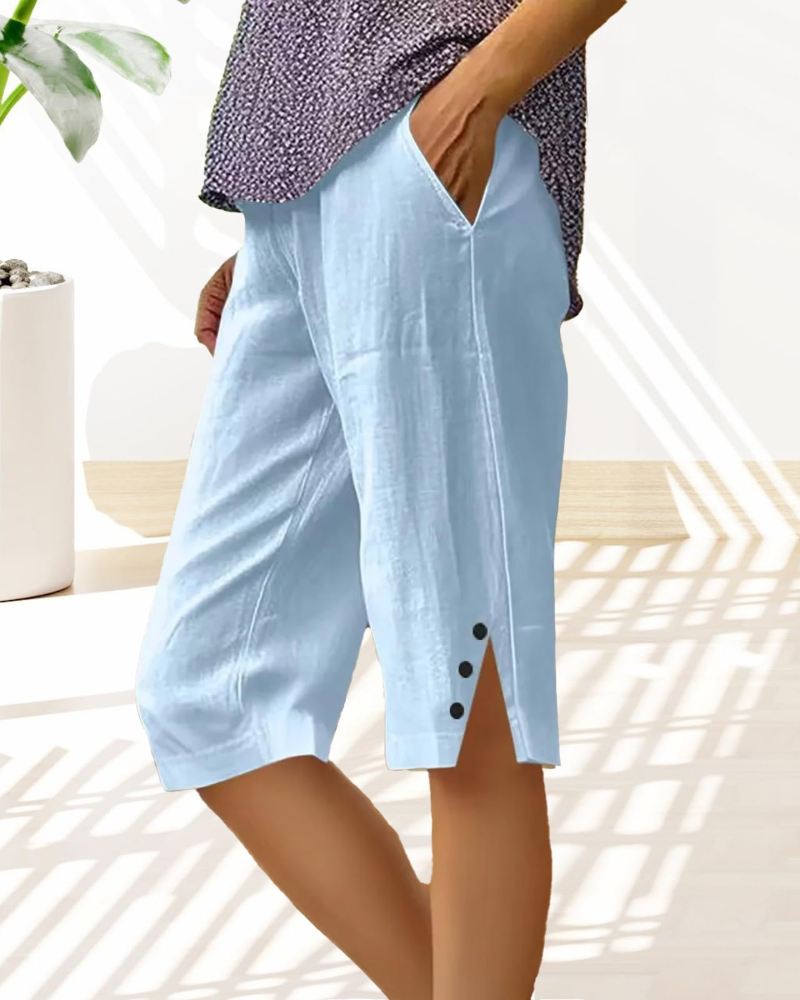 Sophie Women's Linen Capri Shorts – High Waist Drawstring Knee Length with Pockets