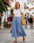 Hailey Women’s Maxi Skirt – Checked A-Line Pleated Skirt with Pockets
