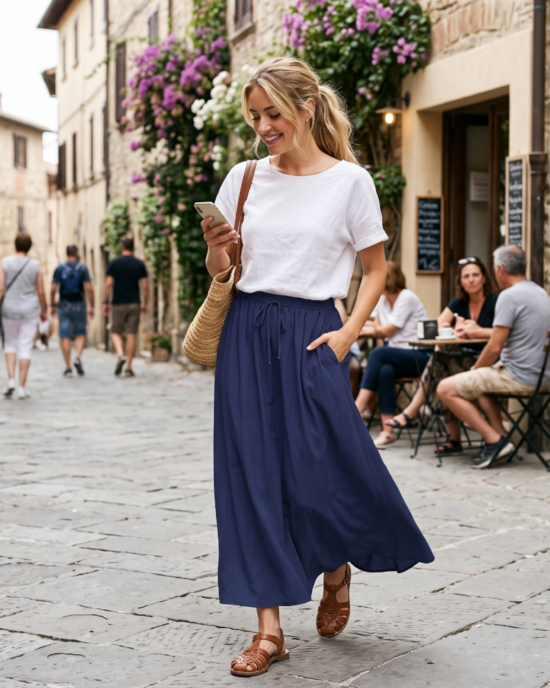 Naomi Women’s Maxi Skirt – High Waist A-Line Drawstring Skirt with Pockets