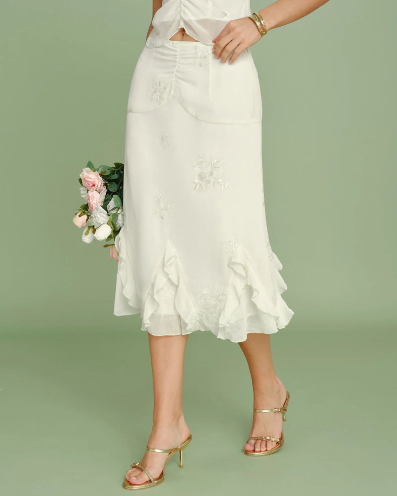 Maribel Women's Embroidered Midi Skirt – Floral Ruffle Elegant Summer Skirt