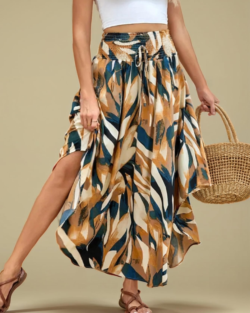 Madeline Women's Floral Pleated Midi Skirt – High Waist Elastic Waistband Flowing Fit