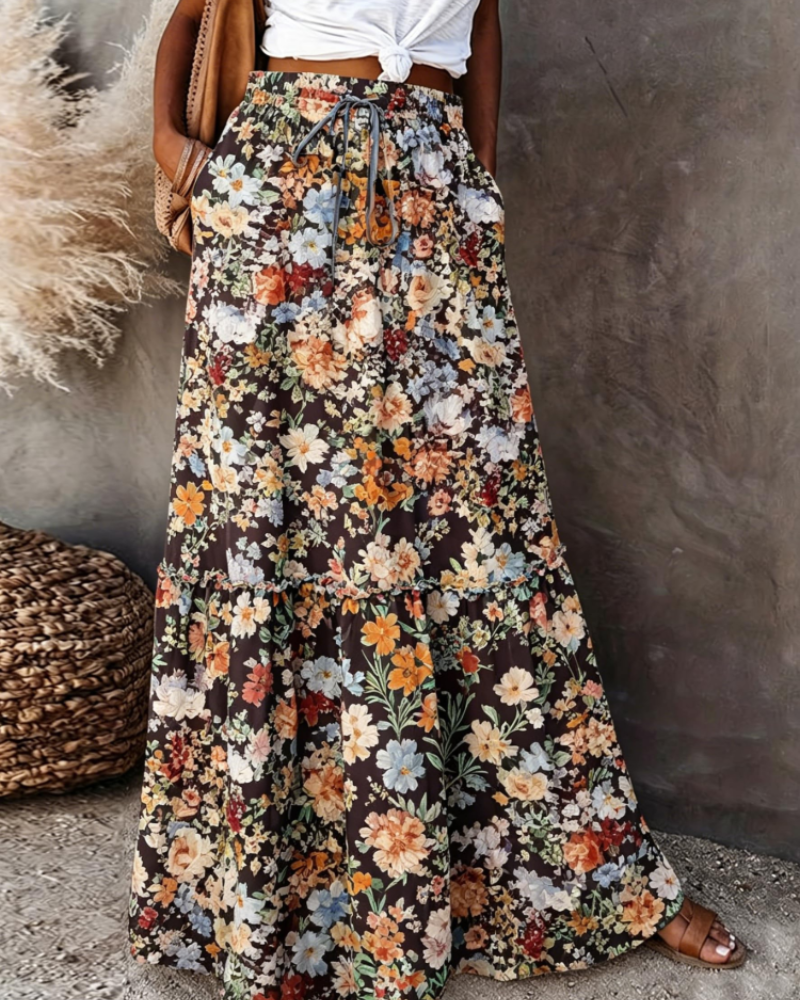Sienna Women's Floral Maxi Skirt – High Waist Flowy Casual Long Skirt