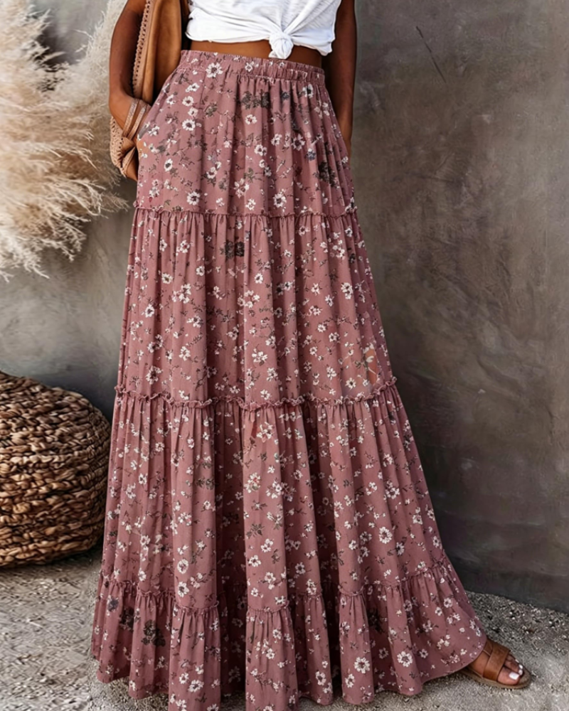 Sienna Women's Floral Maxi Skirt – High Waist Flowy Casual Long Skirt
