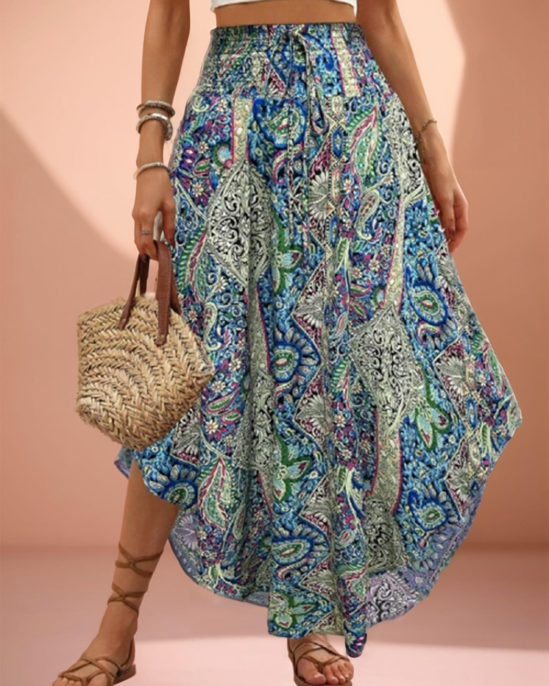 Madeline Women's Floral Pleated Midi Skirt – High Waist Elastic Waistband Flowing Fit