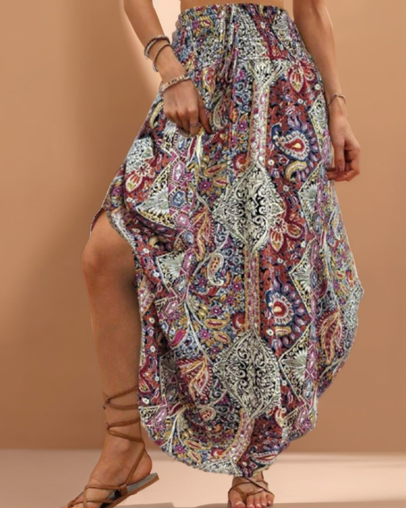 Madeline Women's Floral Pleated Midi Skirt – High Waist Elastic Waistband Flowing Fit