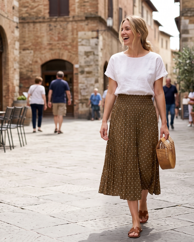 Paige Women’s Pleated Midi Skirt – Polka Dot Skirt with Elastic Waist & Pockets