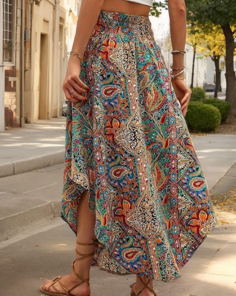 Madeline Women's Floral Pleated Midi Skirt – High Waist Elastic Waistband Flowing Fit