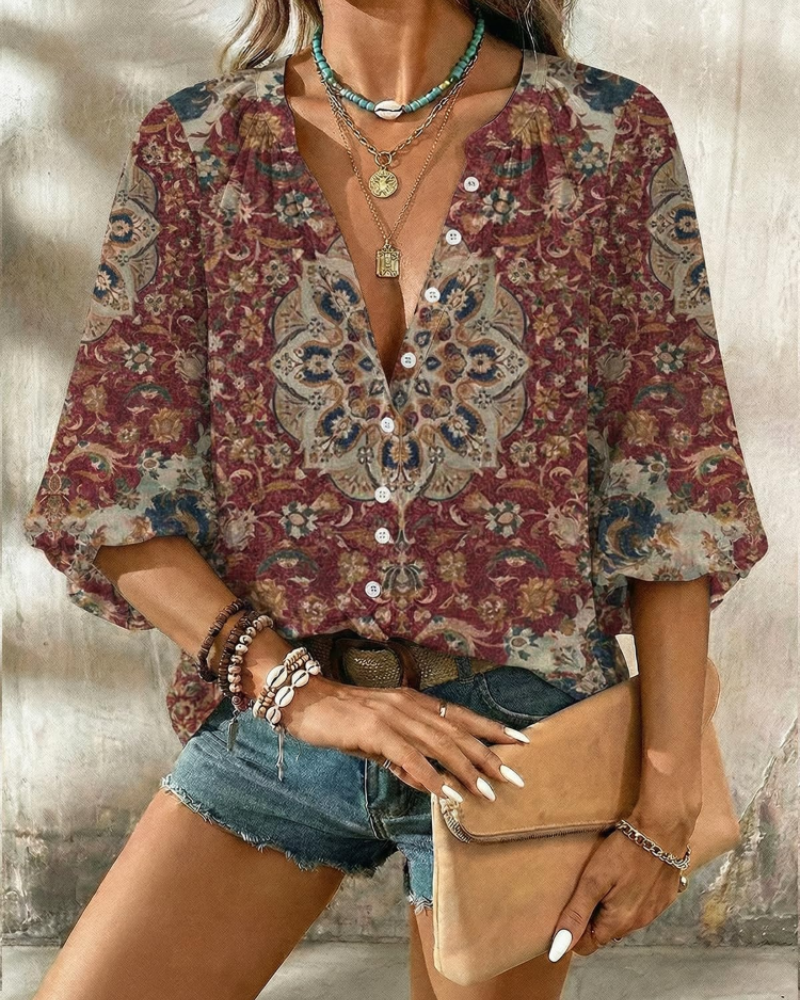 Natalie Women's V-Neck Blouse – 3/4 Sleeve Button Front Casual Everyday Top