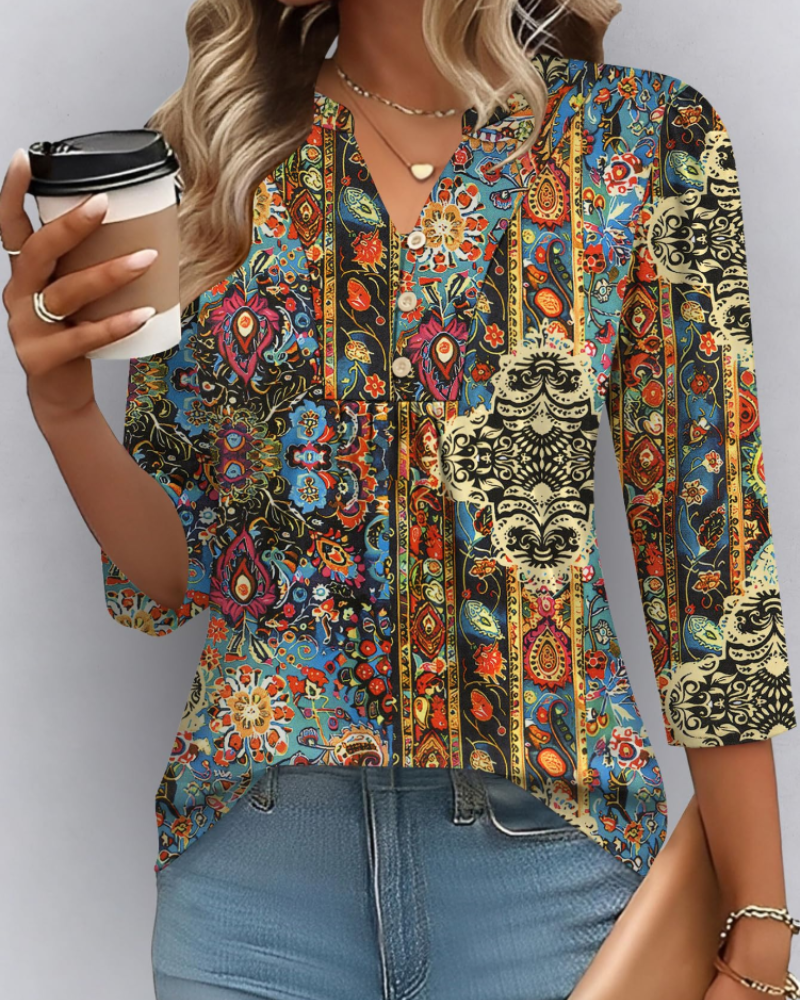 Hailey Women's Boho Blouse – V-Neck 3/4 Sleeve Pleated Casual Summer Top