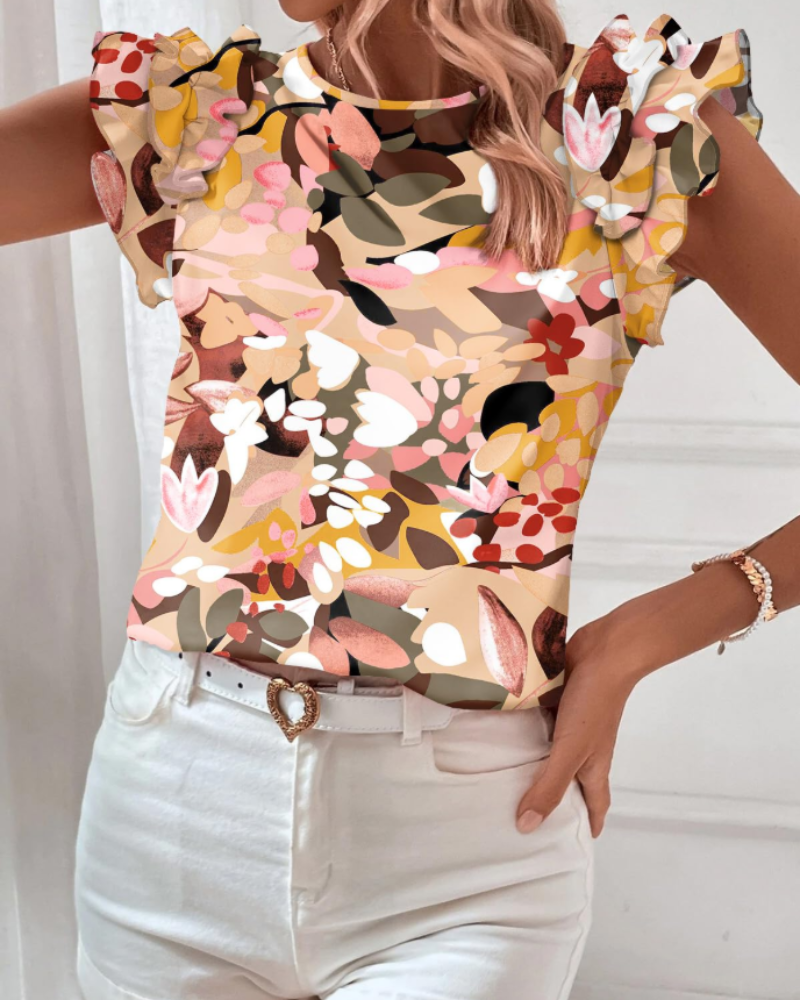 Beatrice Women's Boho Floral Blouse – Short Sleeve Ruffle Top Casual Summer Shirt