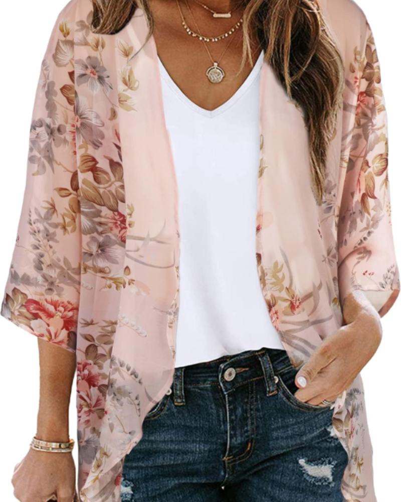 Bianca Women's Boho Kimono Cardigan – Floral Chiffon Beach Cover Up