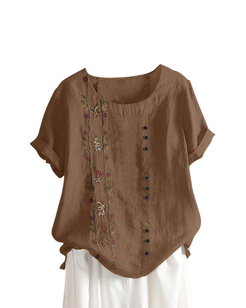 Amelia Women's Linen Blend Blouse – Floral Cotton Linen Summer Top