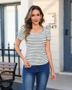 Emily Women's Striped T-Shirt – Square Neck Cotton Summer Top with Short Sleeves