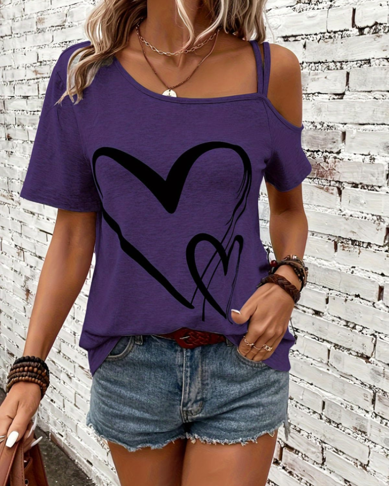 Bailey Women's One-Shoulder Top – Love Print Short Sleeve Casual Summer Blouse