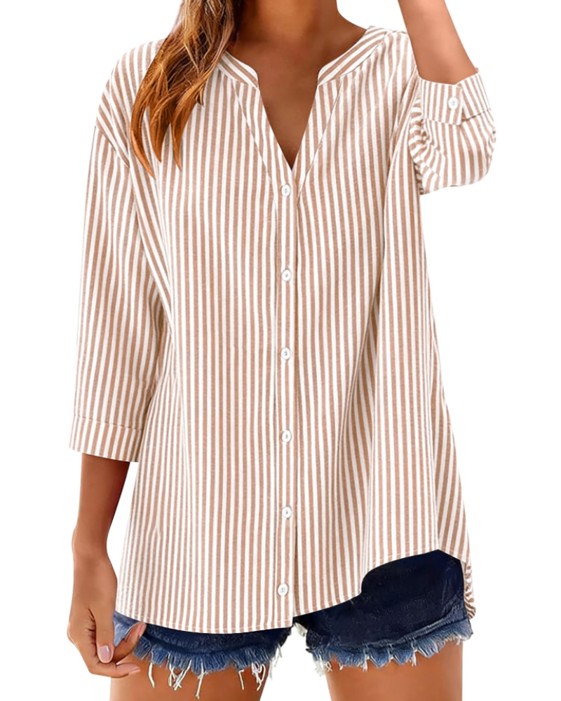 Sophie Women's Cotton Button Down Blouse – 3/4 Sleeve V-Neck Plaid Shirt