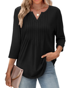 Camille Women's V-Neck Blouse – 3/4 Sleeve Pleated Summer Top Casual Beach Shirt