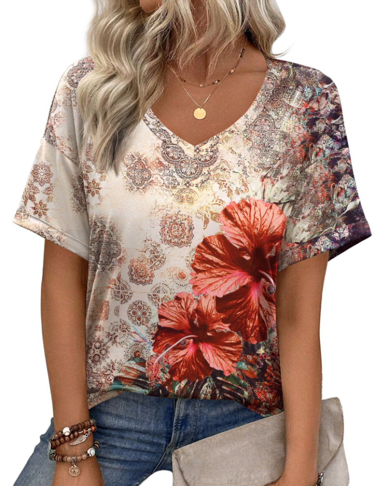 Elena Women's V-Neck Tunic Top – Casual Printed Summer T-Shirt Blouse
