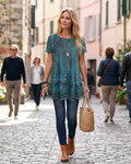 Belissa Women's Floral Top – Round Neck Lantern Sleeve Casual Summer Blouse