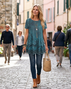 Belissa Women's Floral Top – Round Neck Lantern Sleeve Casual Summer Blouse