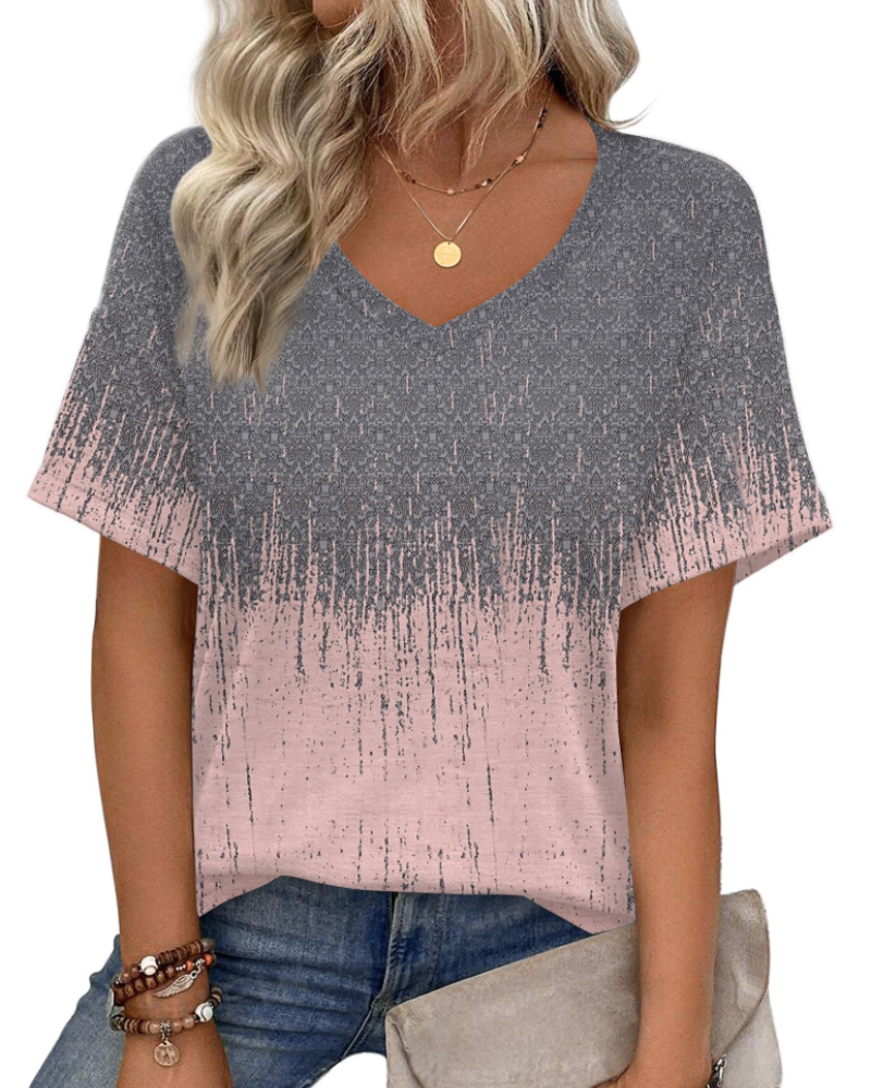 Elena Women's V-Neck Tunic Top – Casual Printed Summer T-Shirt Blouse