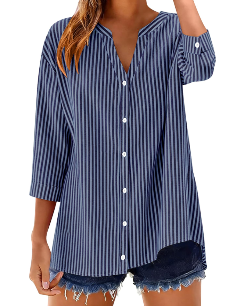 Sophie Women's Cotton Button Down Blouse – 3/4 Sleeve V-Neck Plaid Shirt