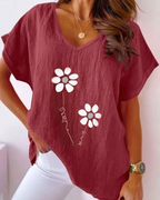 Bellina Women's Daisy Print Blouse – Bright Pink V-Neck Short Sleeve Summer Top
